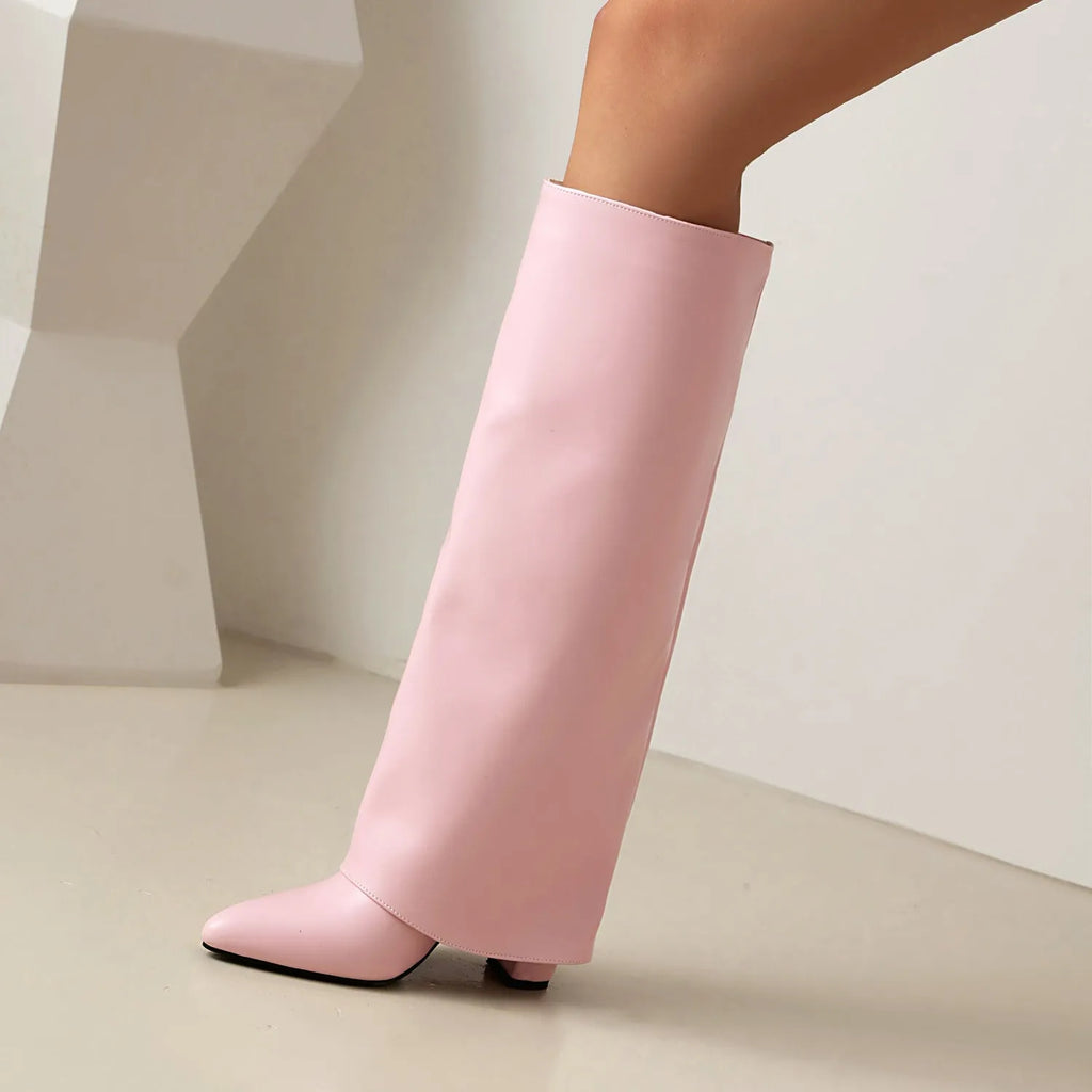 Women's black thick high heel tall cylinder boot with sewing detail on PU leather upper