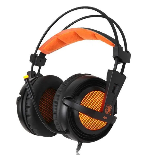 Black and white 7.1 channel USB gaming headset with RGB lights on ear cups and padded headband.