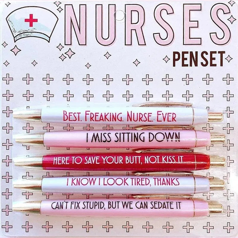 Five plastic retractable ballpoint pens with nurse theme copywriting design, each 14cm long
