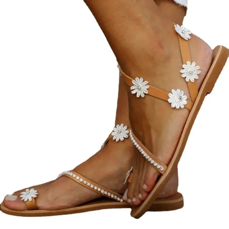 Brown floral pattern ladies Roman sandals with flat rubber sole and sleeve design