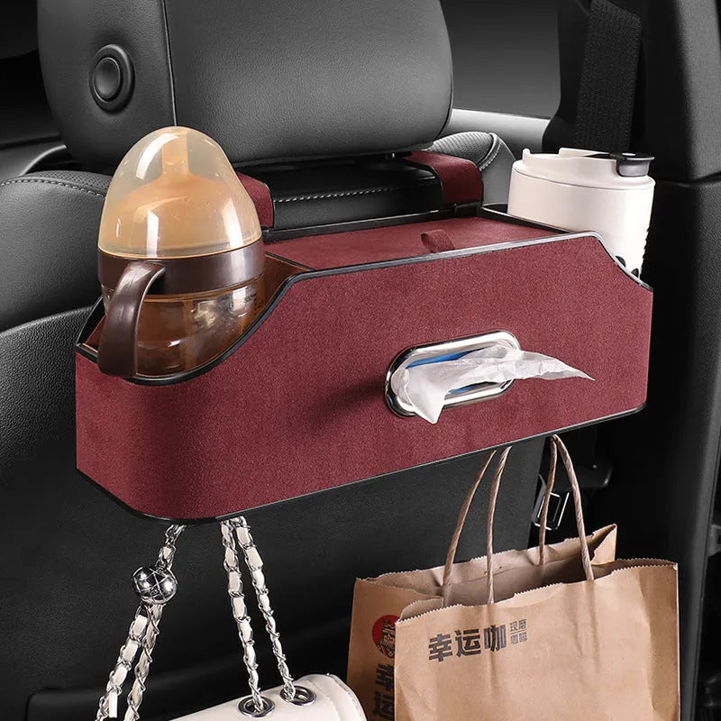 Genuine leather car tissue box with cup holder and storage compartment in beige colour