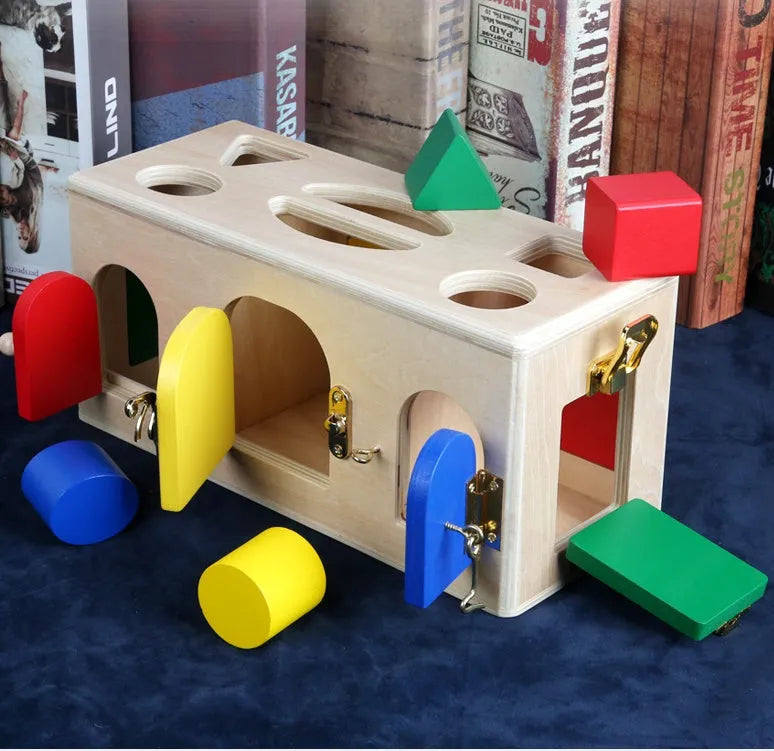 Wooden shape sorting puzzle box educational toy for preschool children