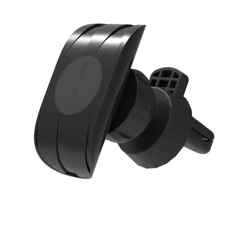 Black car phone holder clipped to a car air vent