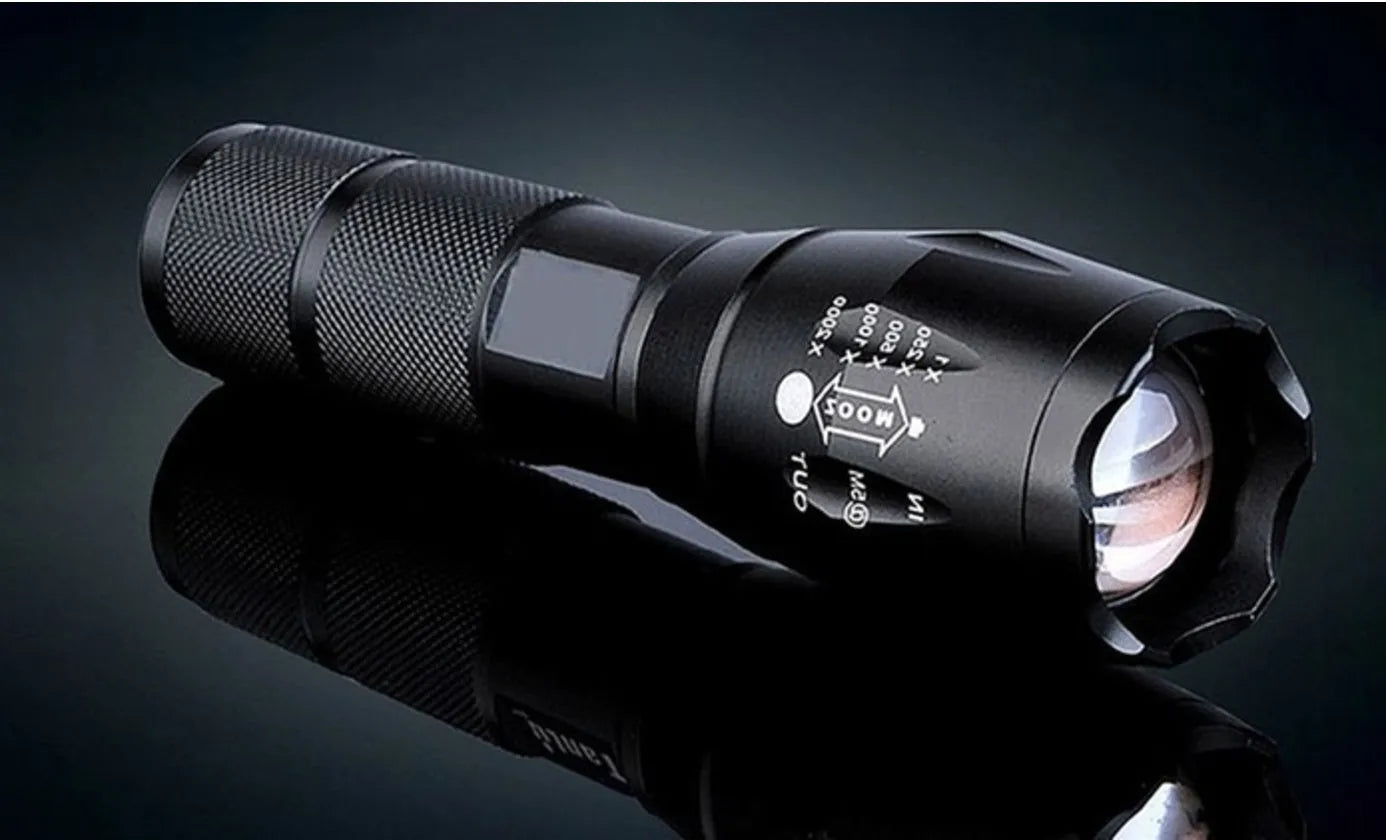 Portable mini LED zoom torch with aluminium alloy body, adjustable focus, and 200-500 metre range in black