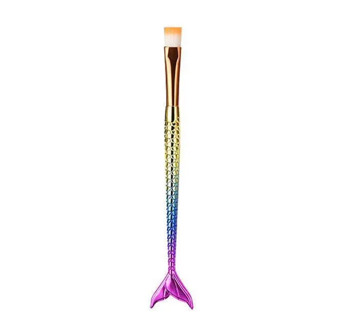 10 mermaid makeup brushes with multicolour nylon bristles and plastic handles laid flat