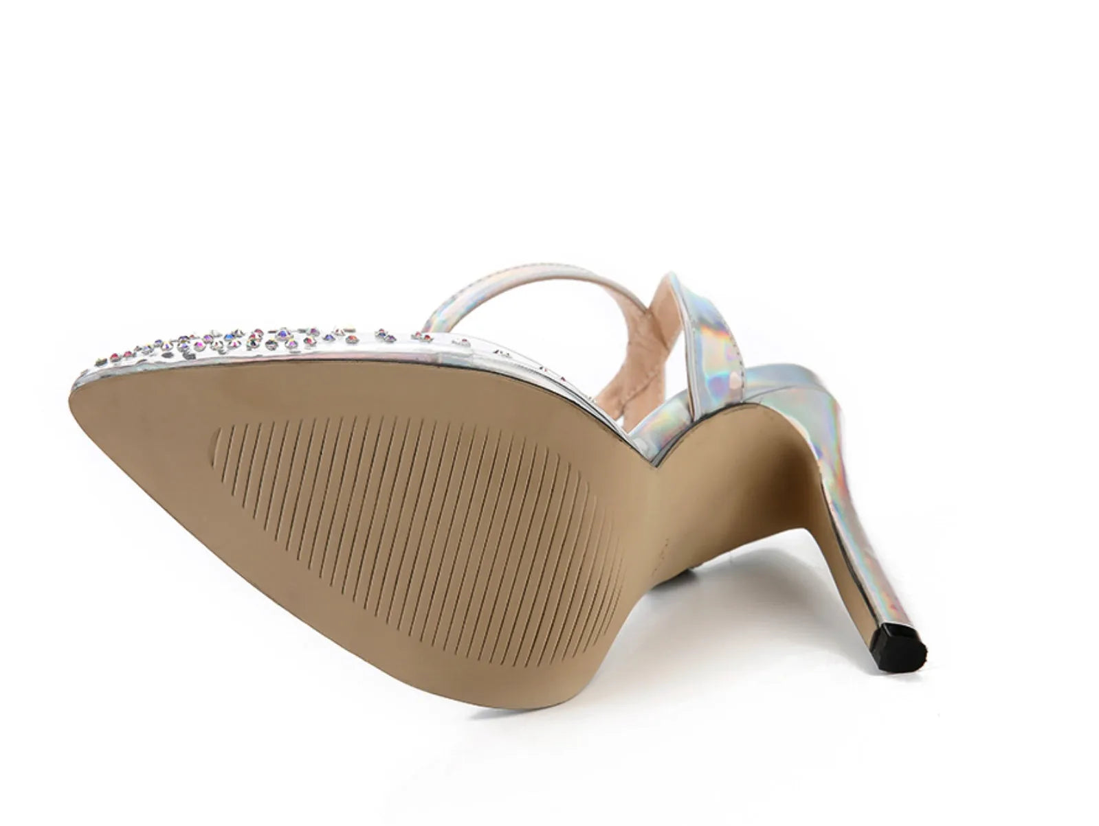 Silver glitter pointed-toe women's sandals with stiletto heels and diamond detailing.