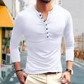 Men's slim long sleeve T-shirt in white with clamshell pockets, vinylon fabric, youth style