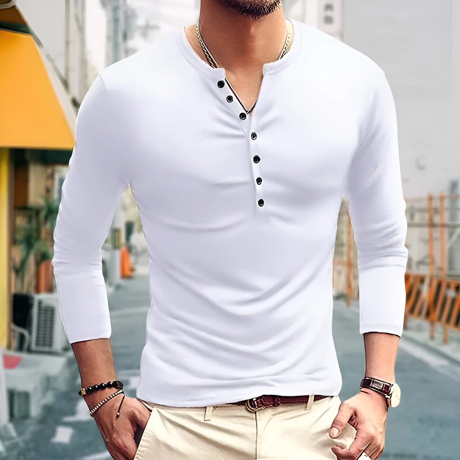Men's slim long sleeve T-shirt in white with clamshell pockets, vinylon fabric, youth style