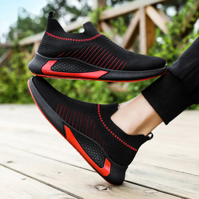 Men's striped mesh slip-on sneakers with lace-up front in black, white, and black/white colour options