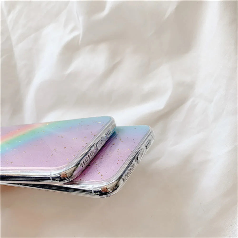 Rainbow gradient TPU phone case with striped design for iPhone models