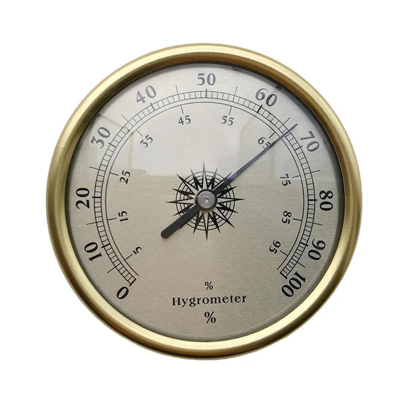 Analogue thermometer and hygrometer with aluminium ring and dial showing temperature and humidity readings