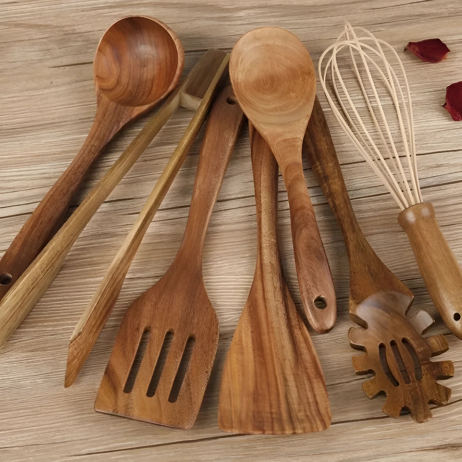 Seven wooden cooking utensils with spoon shovel designs for non-stick pans