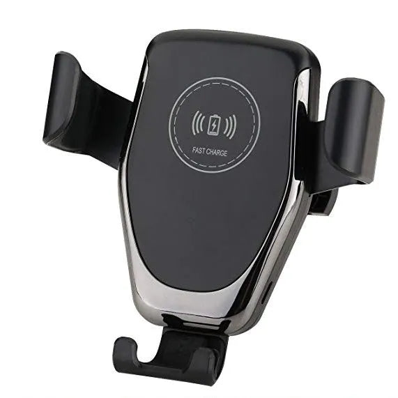 Car wireless charger with automatic gravity clamp mounted on vehicle vent, charging an iPhone