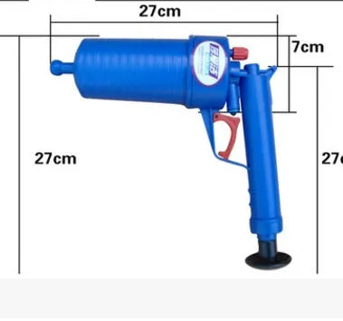 Plastic air power drain blaster unblocking gun with four different sized rubber adaptors for sinks and toilets.