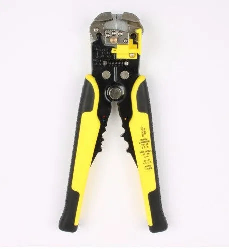 Yellow automatic wire stripper crimper tool with adjustment screw for 10-24 AWG cables