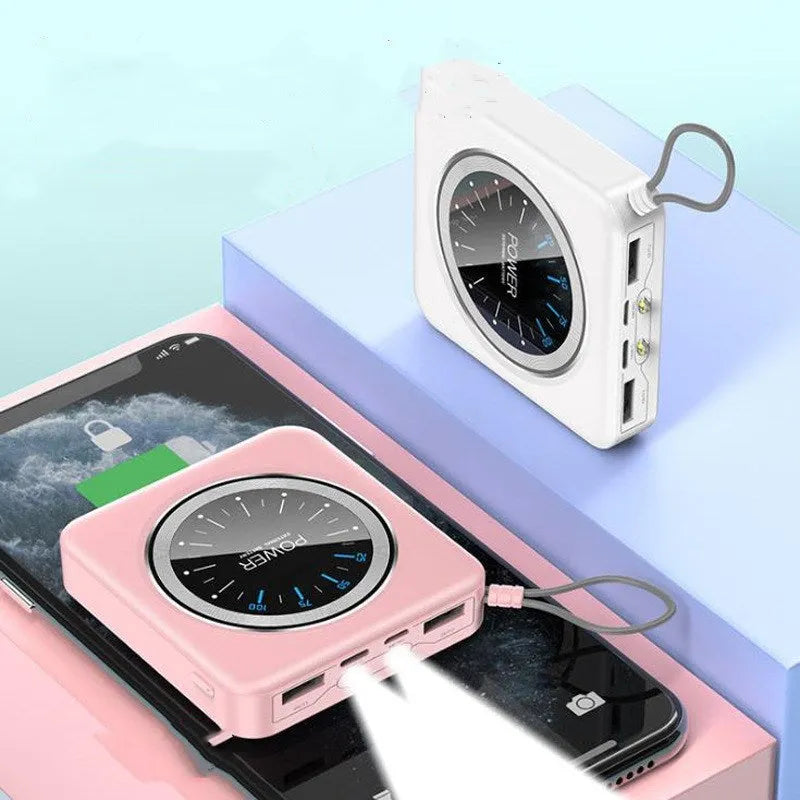Mini clock portable power bank with alloy case in pink, black, green, or white, showing multi-U port.