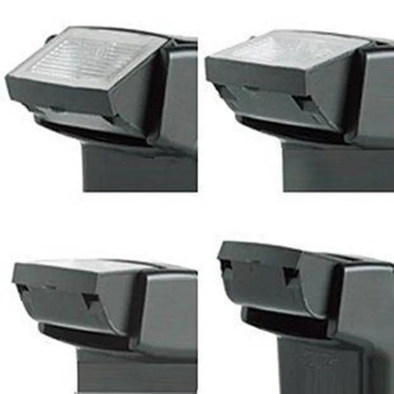 Silver hot shoe camera flash with head tilted upwards, shown mounted on an SLR camera.