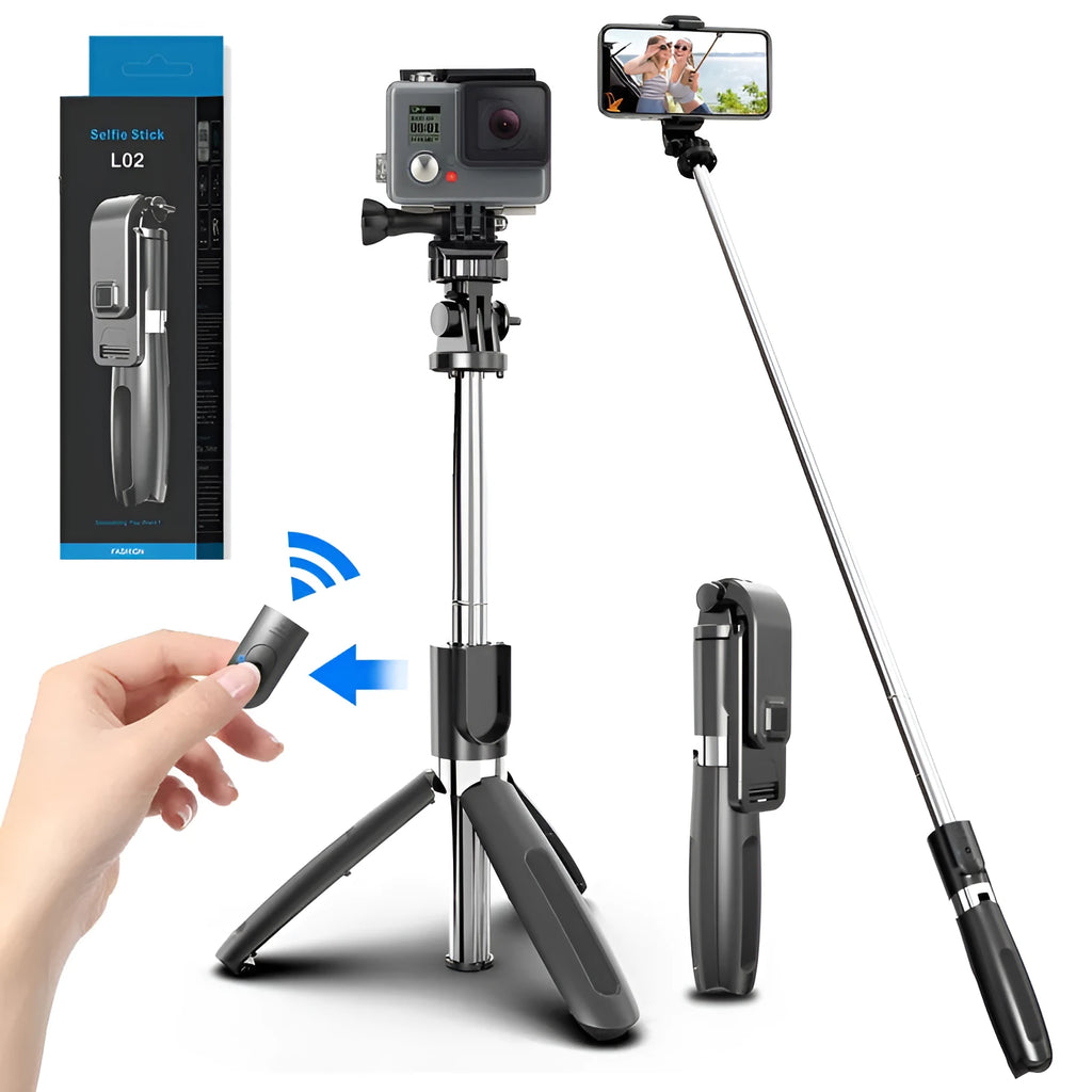 Black Bluetooth selfie stick with wireless remote and tripod extended on table, holding a smartphone in portrait orientation