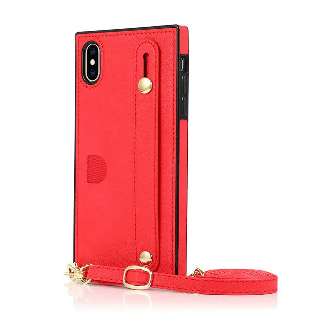 Leather messenger phone case with card slot and wrist strap for iPhone, shown in multiple colours.