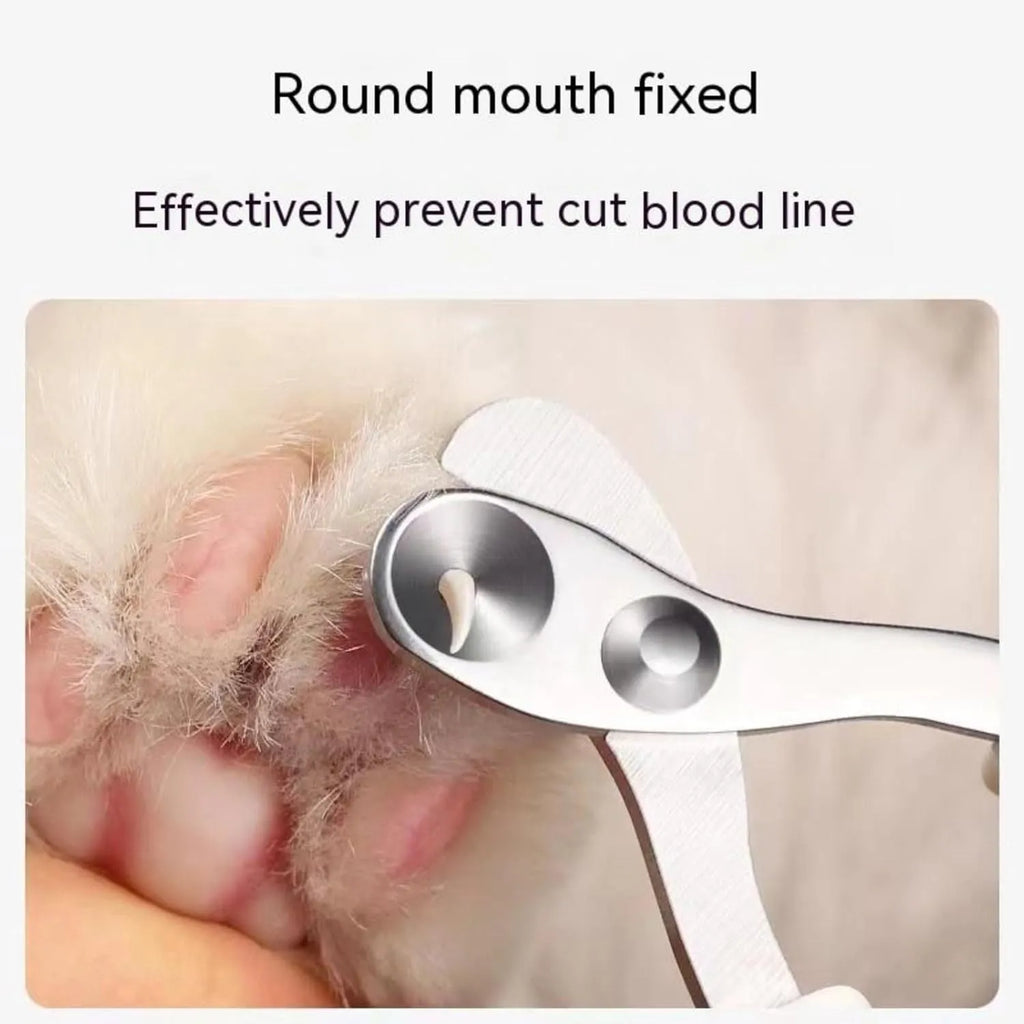 Blue pet nail clippers with circular hole design and cushioned non-slip handle on a white background.