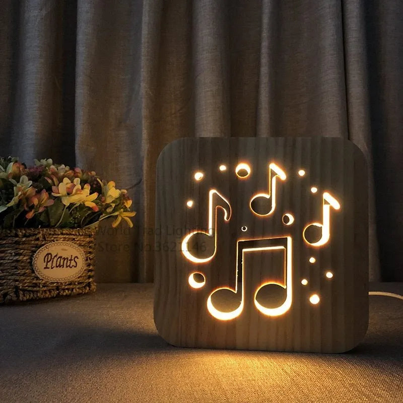 Wooden LED atmosphere lamp with warm white light and USB power cable