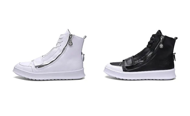 PU leather men's winter ankle boots in black and white colours with high-top sneakers style