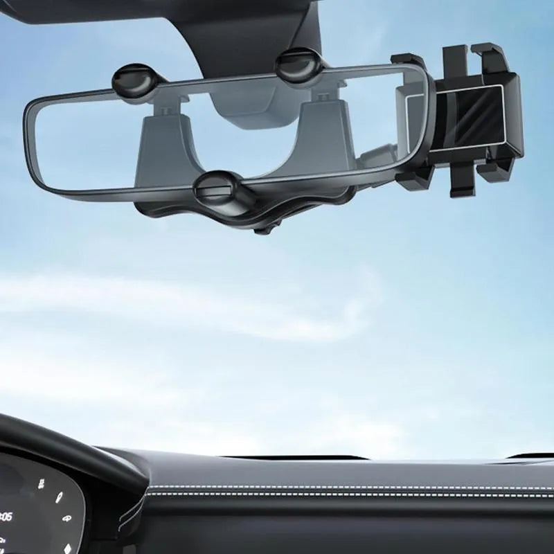 Black rearview mirror car phone holder with 360-degree rotation and telescopic arm extended