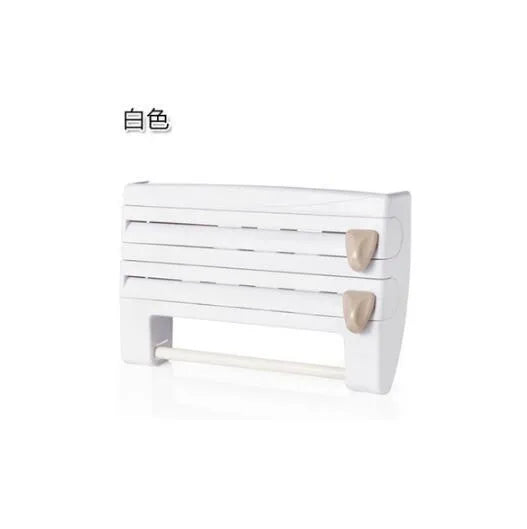 4-in-1 wall-mounted ABS kitchen roll holder dispenser for cling film, foil, tissue and paper towels, 39x10x24cm, in white