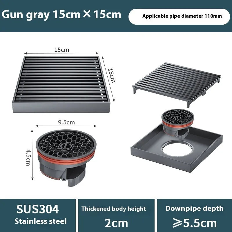 Gun grey 304 stainless steel courtyard floor drain with a 15x15cm square drain opening.