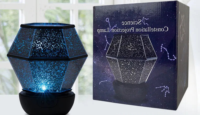 LED rotating star night light for children projecting coloured stars on a wall.