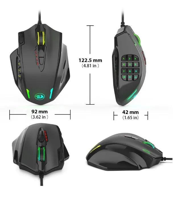Redragon M908 One-Hander Macro Defines gaming mouse in black with ergonomic contoured shape and anti-sweat leather material