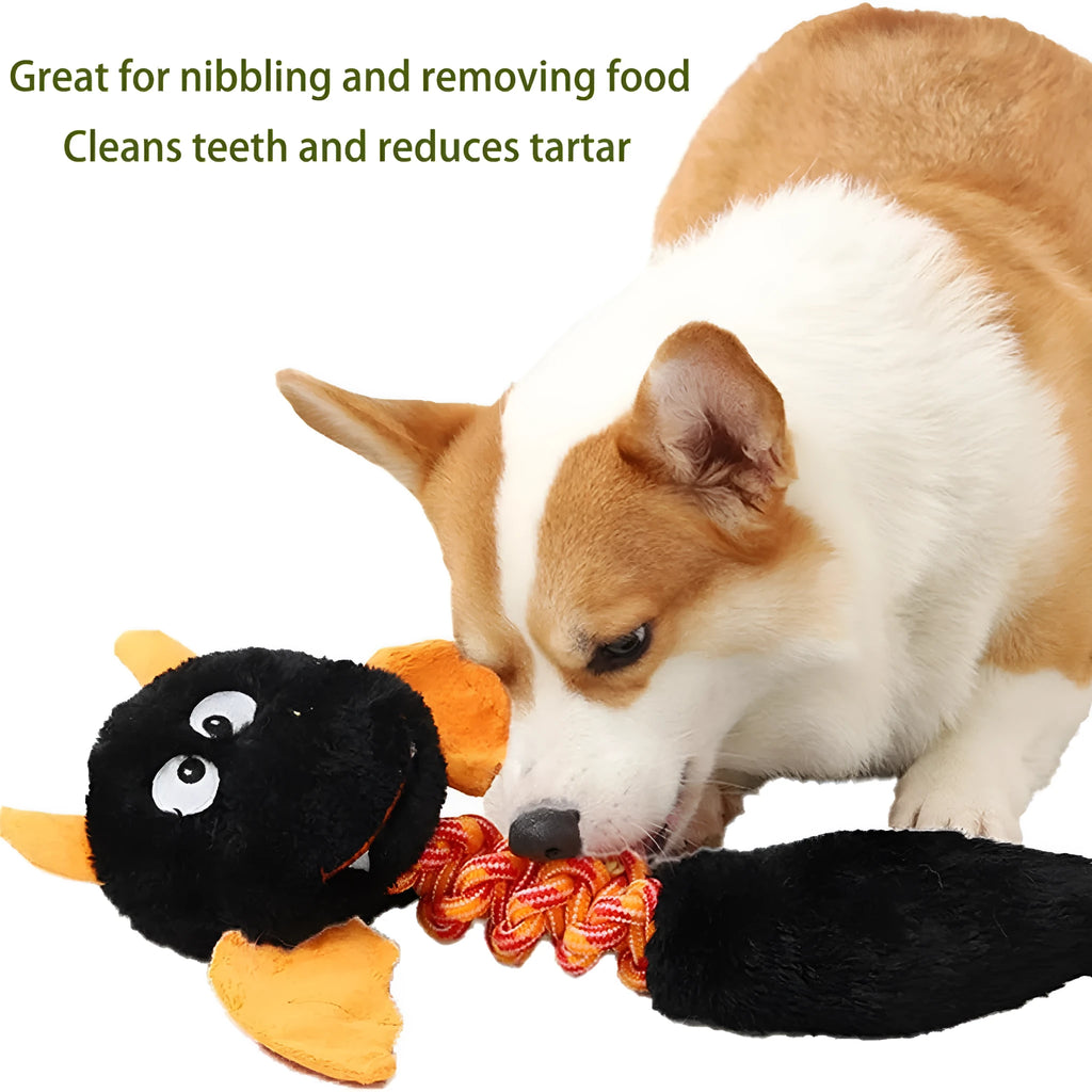 Large green plush dog toy with rope knot and realistic cartoon design on light background