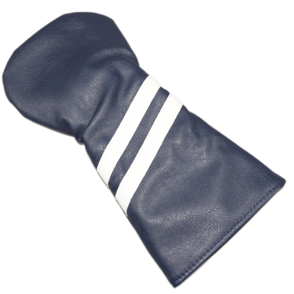 Golf club sleeve two oblique strips wood rod head cover in black PU, side view