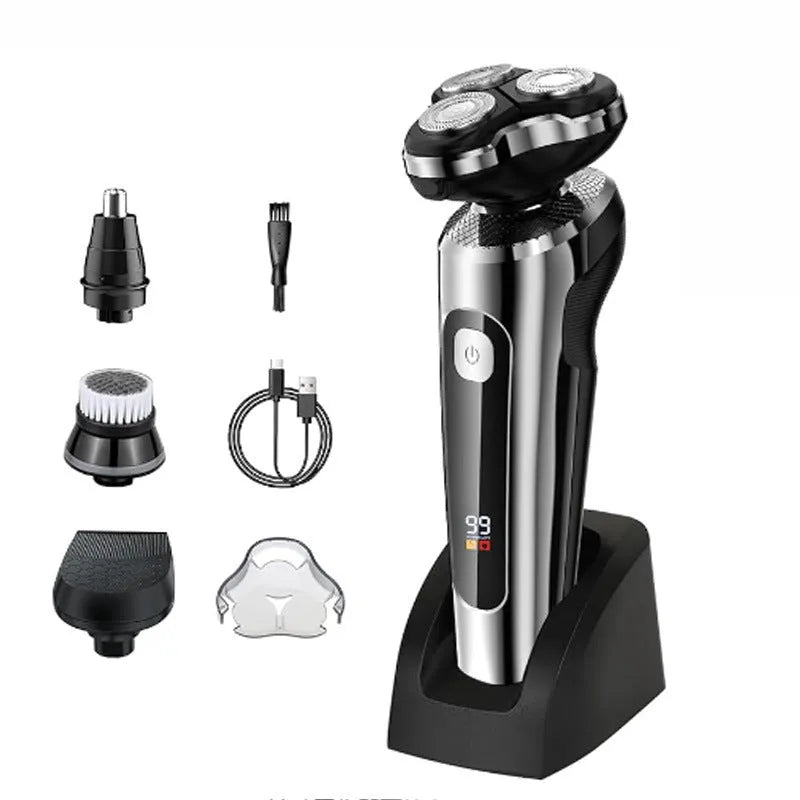 Fully washable digital USB rechargeable beard shaver with LED display on five-in-one base.