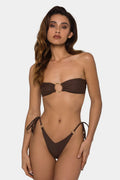 Brown tube-top push up bikini swimsuit with adjustable ring tether for women