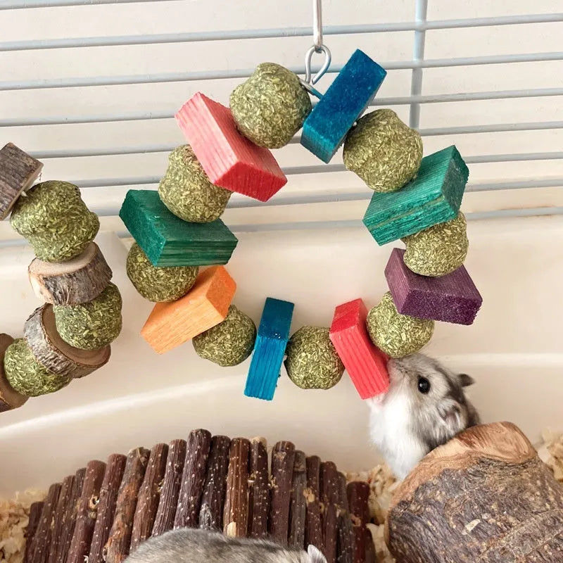 Hamster toy set showing decorative ring with straw ball and Applewood molar rod chew for small pets