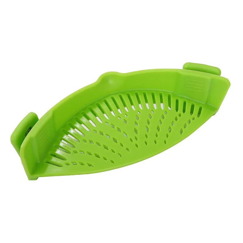 Silicone clip-on colander with stainless steel buckle attached to a pot, draining liquid, available in four colours.