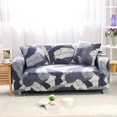 Geometric abstract printed stretchable sofa slipcover on a double seat sofa, polyester and spandex, modern simplicity style