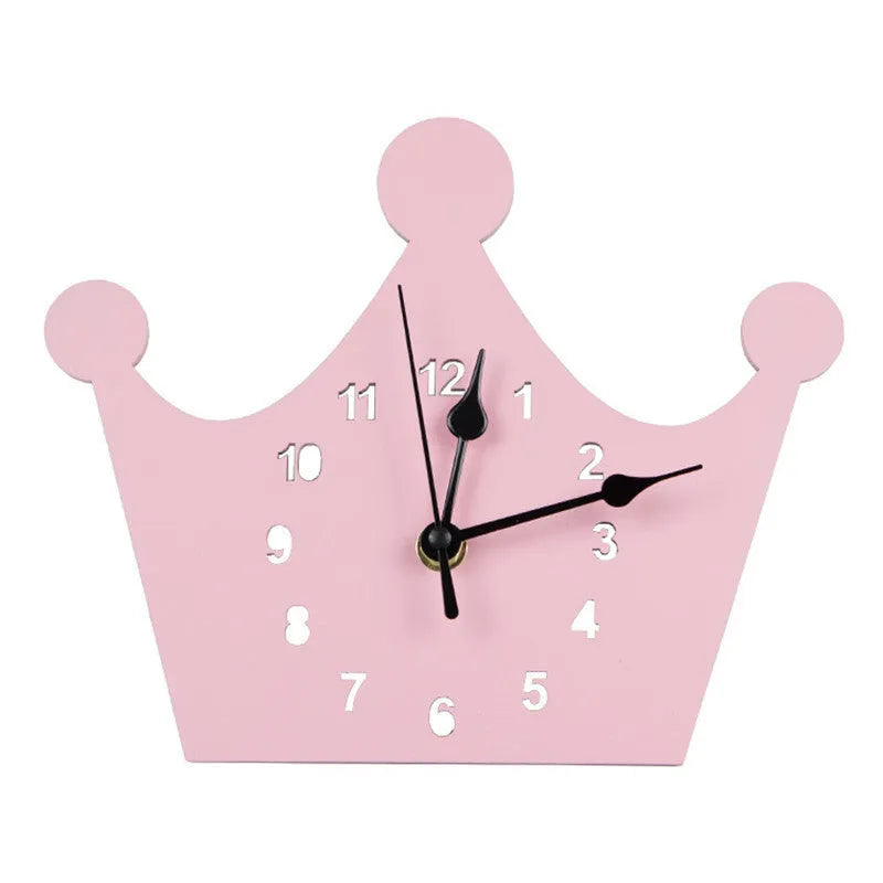 Wooden cartoon wall clock with playful design, battery operated, showing character shapes on clock face