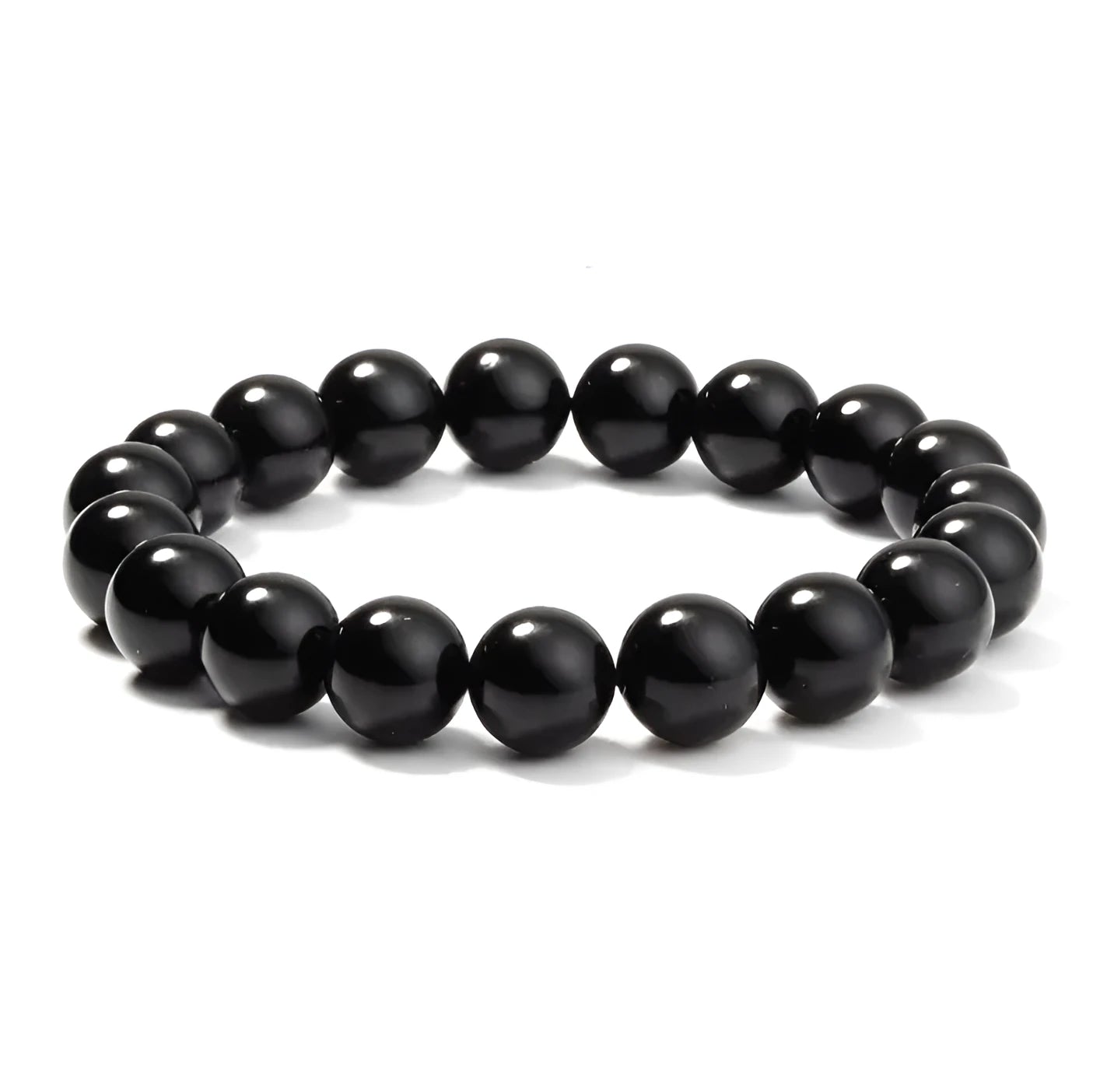 Black agate stretch bracelet with 8mm geometric beads on a black elastic cord.
