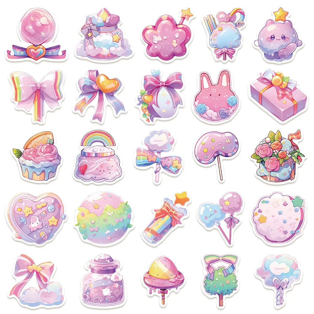 Pack of 50 sheets of cute candy small items themed waterproof decorative stickers.