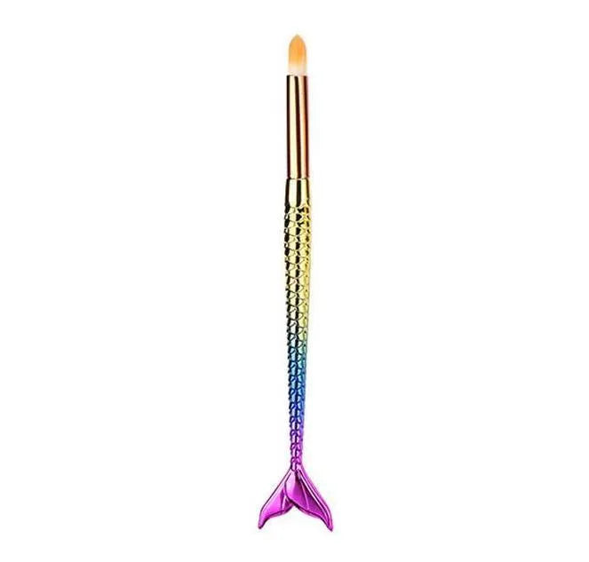 10 mermaid makeup brushes with multicolour nylon bristles and plastic handles laid flat