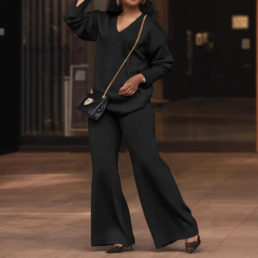 Women's brown suede two-piece suit with split sleeves and trousers casual outfit