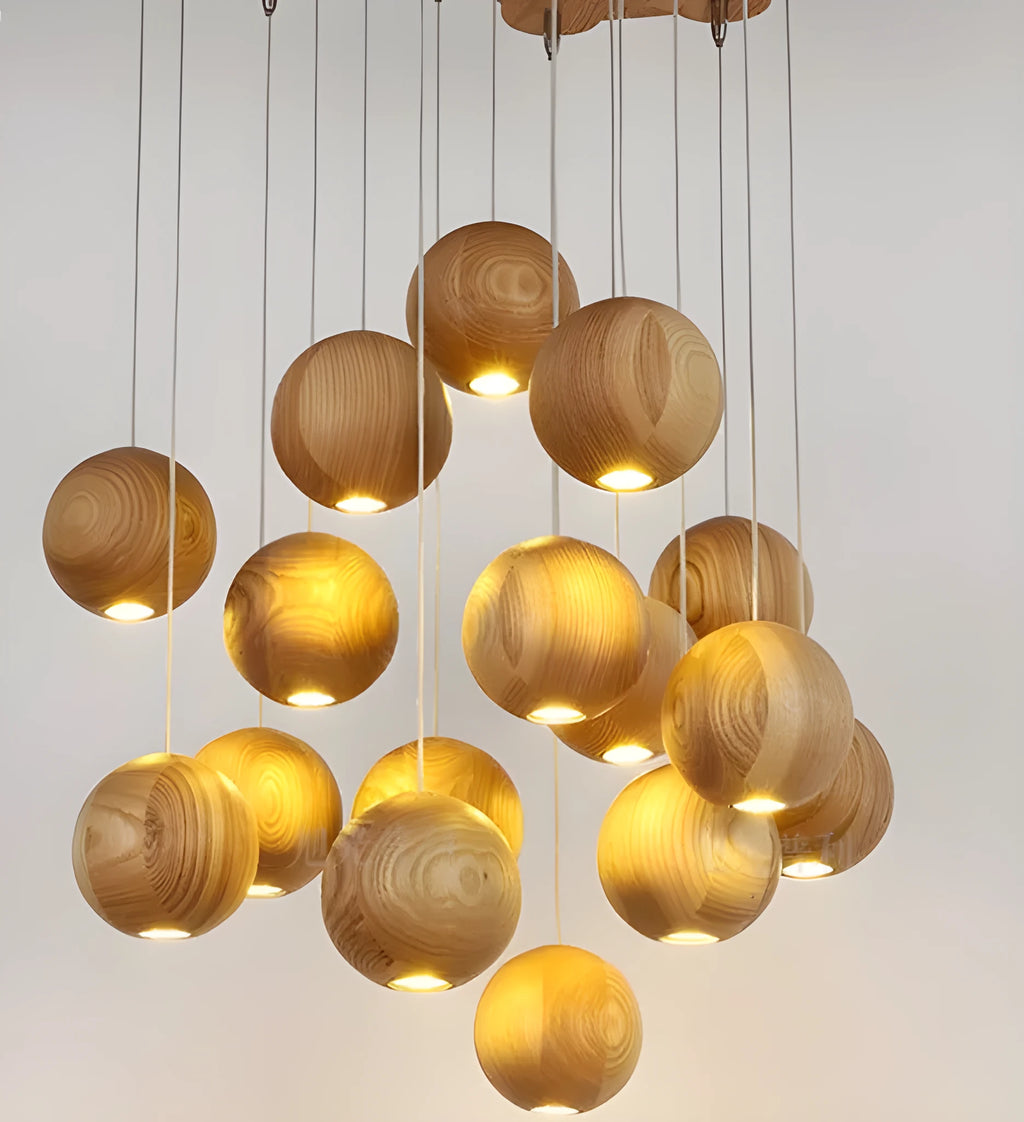Nordic style solid wood ball chandelier pendant light with adjustable cord.