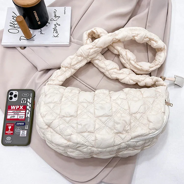 Women's nylon cloud underarm bag in beige colour with adjustable shoulder strap