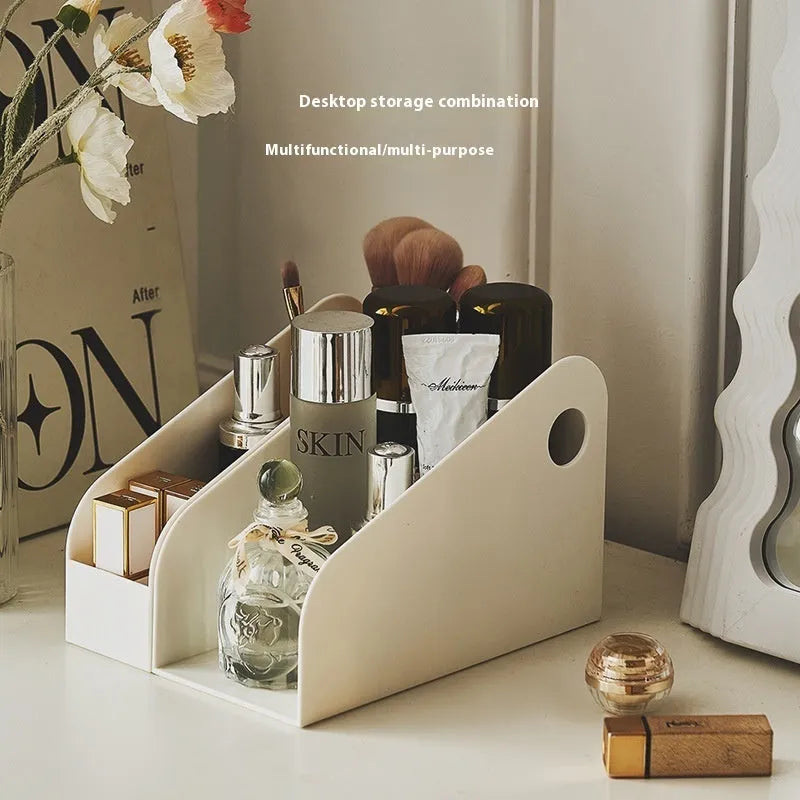 Plastic desktop storage box set with two-tier grid compartments in Milk Coffee colour