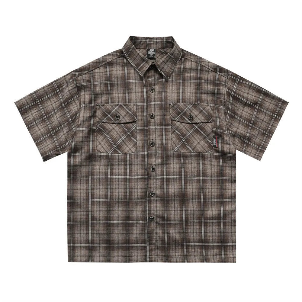 Men's short sleeve plaid shirt with embroidered letter on lapel, cotton blend, black colour, loose fit