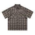 Men's short sleeve plaid shirt with embroidered letter on lapel, cotton blend, black colour, loose fit