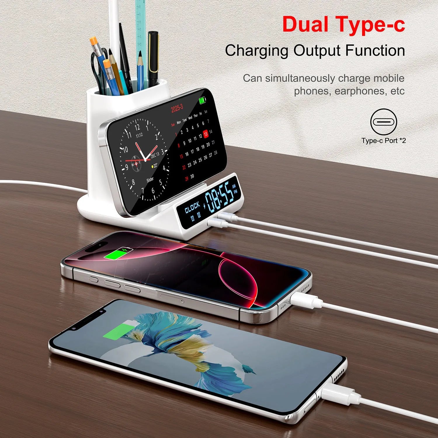 Modern wireless charging desk lamp with pen holder and storage box compartment