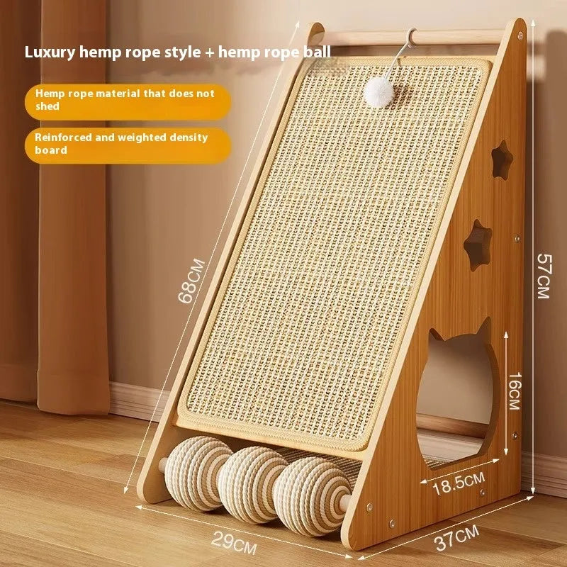 Vertical wall-mounted cat scratch board with hemp rope and teasing ball accessory